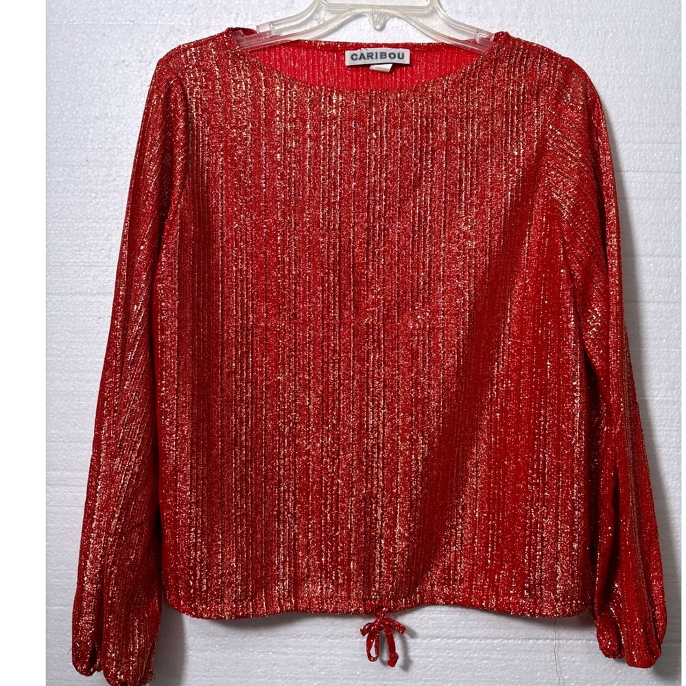 Vintage Blouse Women S 14 Red Gold Metallic Pleated Long Sleeve Tie Hem Top